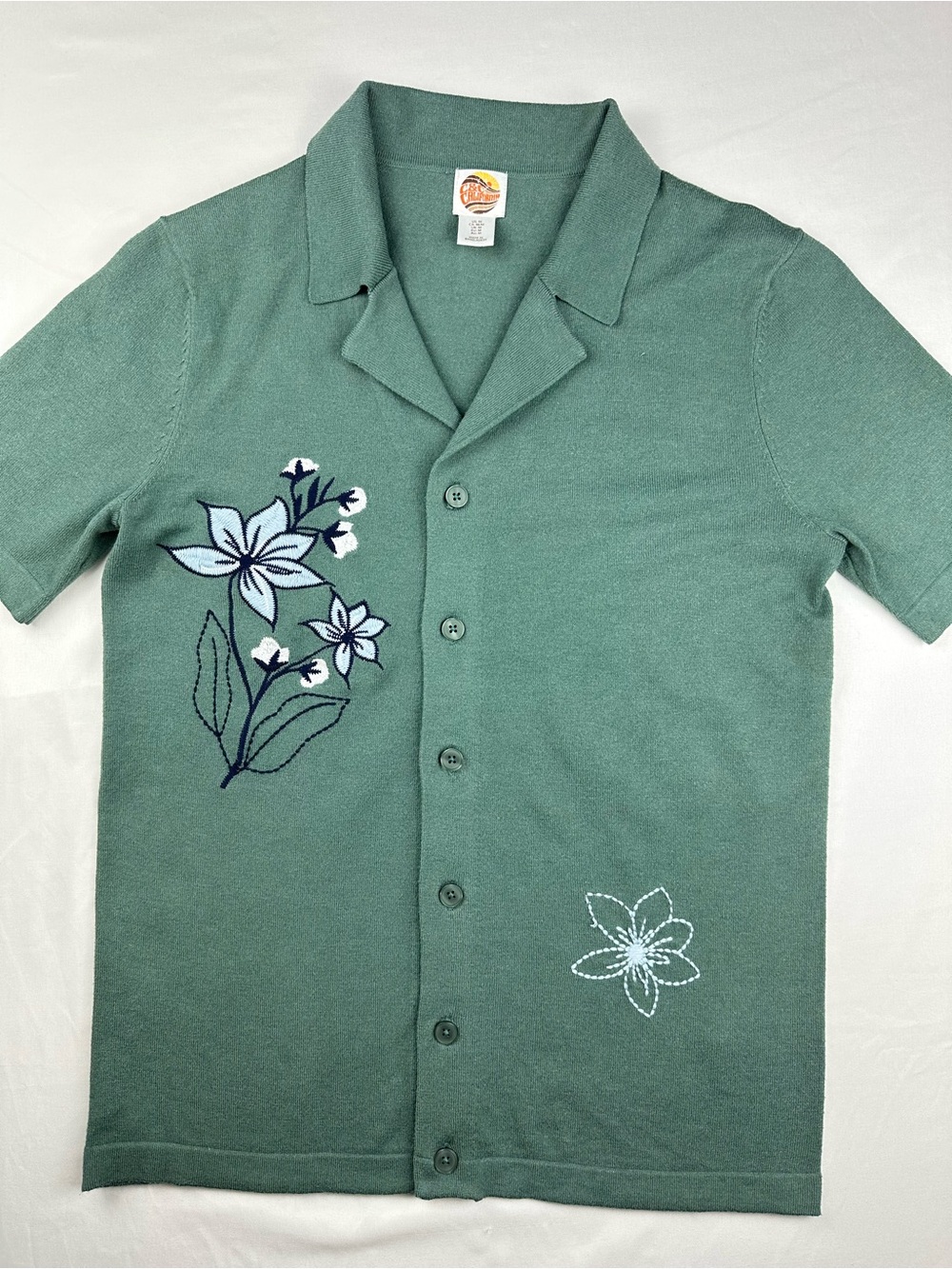 C&C California Green Knit Short Sleeve Floral Embroidered Camp Shirt Resort Sz M